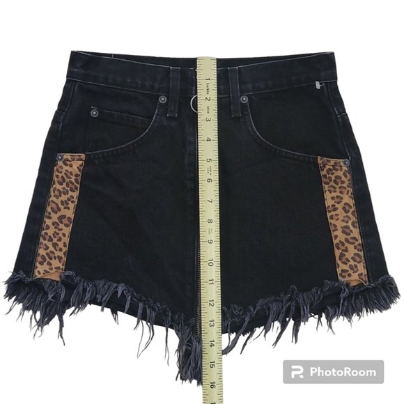 Carmar Beatrice Black Denim Grunge Zip Up Mini Skirt Leopard Trim Frayed Hem - Picture 8 of 12